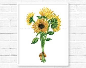 sunflower wall art watercolor botanical PRINT, minimalist yellow wildflower, floral art poster, floral spring art,  sunflower decor