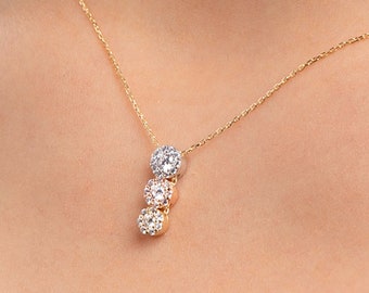 Trio Stone Necklace 14k Gold, 3 Stone Necklace, Three Color Zircon Necklace, Necklace for Woman, Birthday Jewelry Gift, Three Stone Pendant