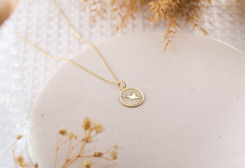 14k Gold Dove with Olive Branch Necklace, Personalized Dove with Olive Branch Pendant, Dove Necklace, Bird Charm Necklace, Best Friend Gift image 5