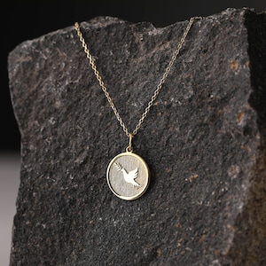 14k Gold Dove with Olive Branch Necklace, Personalized Dove with Olive Branch Pendant, Dove Necklace, Bird Charm Necklace, Best Friend Gift image 7