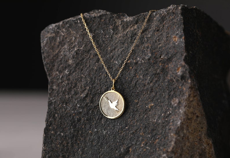 14k Gold Dove with Olive Branch Necklace, Personalized Dove with Olive Branch Pendant, Dove Necklace, Bird Charm Necklace, Best Friend Gift image 7