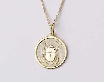 Skarabäus-Halskette, personalisierter ägyptischer Skarabäus-Anhänger, altes Symbol-Münzenhalskette, Wiedergeburts-Schutz-Schmuck, feste 14K Option