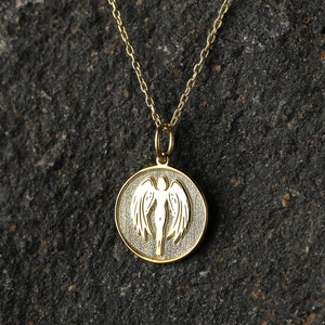 14k Gold Angel Necklace, Personalized Guardian Angel Pendant, Protection Necklace, Angel Medallion, Angel Jewelry Gift, Necklace for Woman