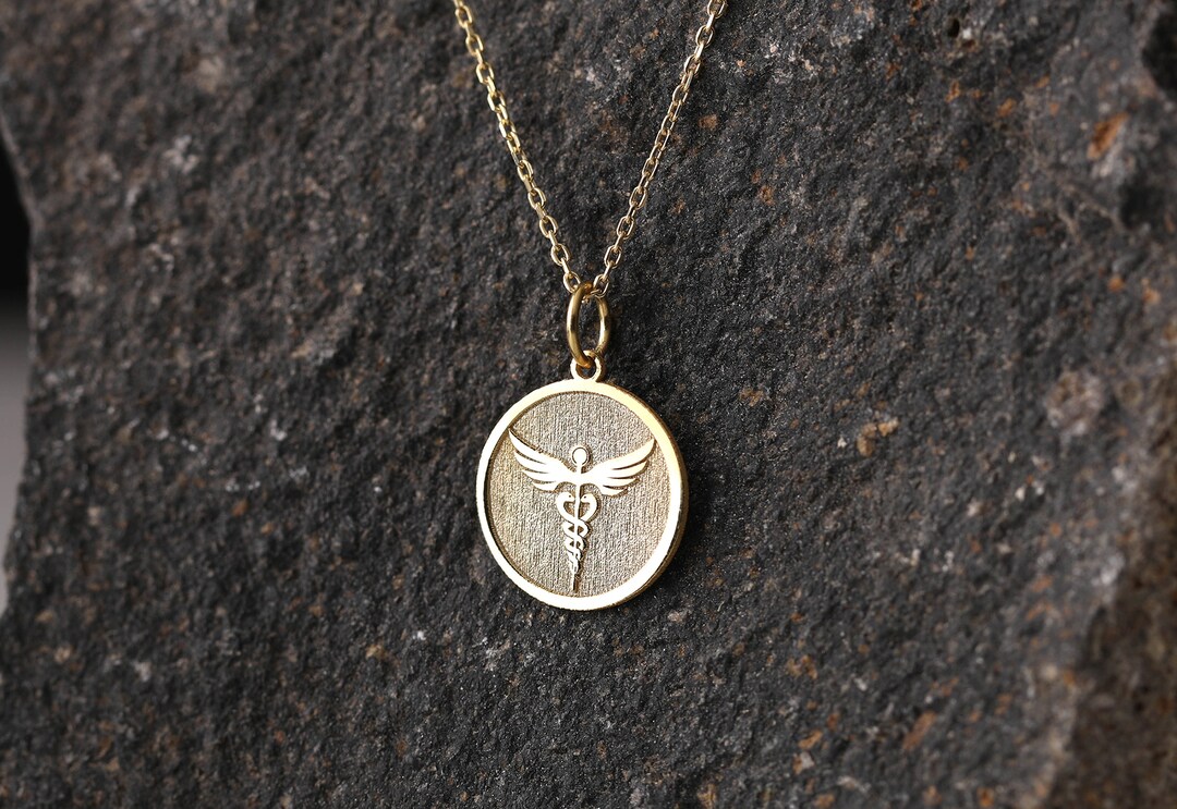 14k Gold Caduceus Symbol Necklace, Personalized Medical Cross Pendant