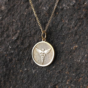 14k Gold Caduceus Symbol Necklace, Personalized Medical Cross Pendant, Medical Symbol Necklace, Medical Alert Pendant, Symbol Medical Charm