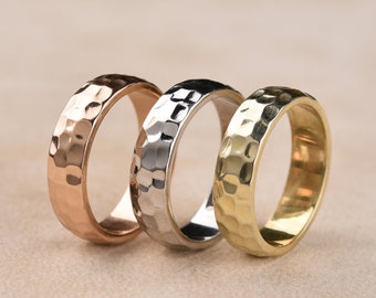 14K Solid Gold Hammered Wedding Ring, Gold Textured Ring, Hammered Wedding Band Solid Gold, White Gold Promise Ring, Hammered Couple Rings