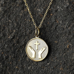 14k Gold betende Hände Halskette, personalisierte betende Hände Anhänger, beten Hand Kreuz Halskette, beten Halskette, christlicher religiöser Schmuck