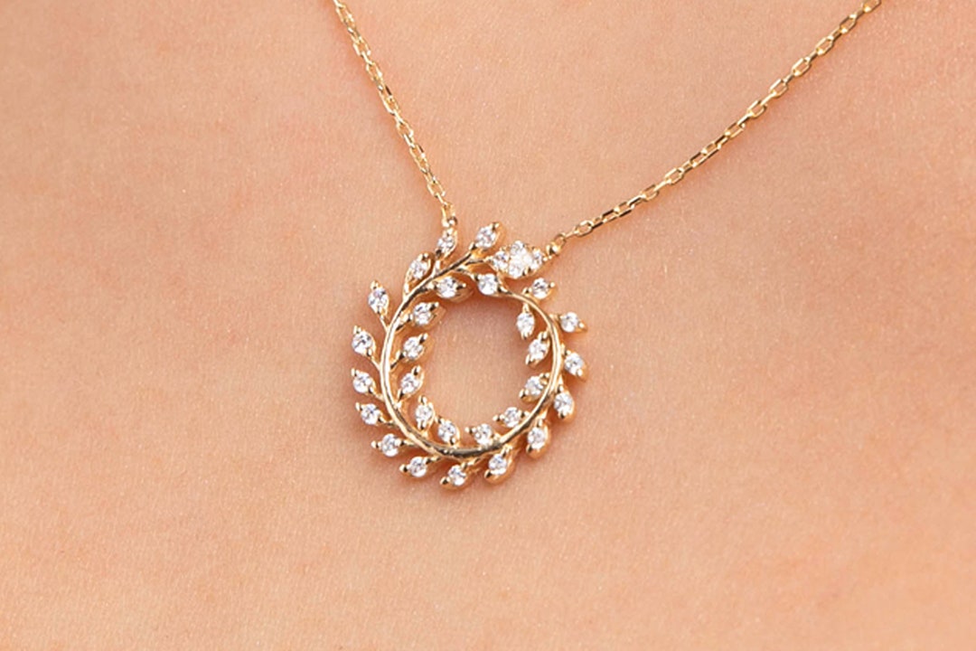 14k Gold Leaf Wreath Necklace,wreath Weave Necklace, Cubic Zirconia