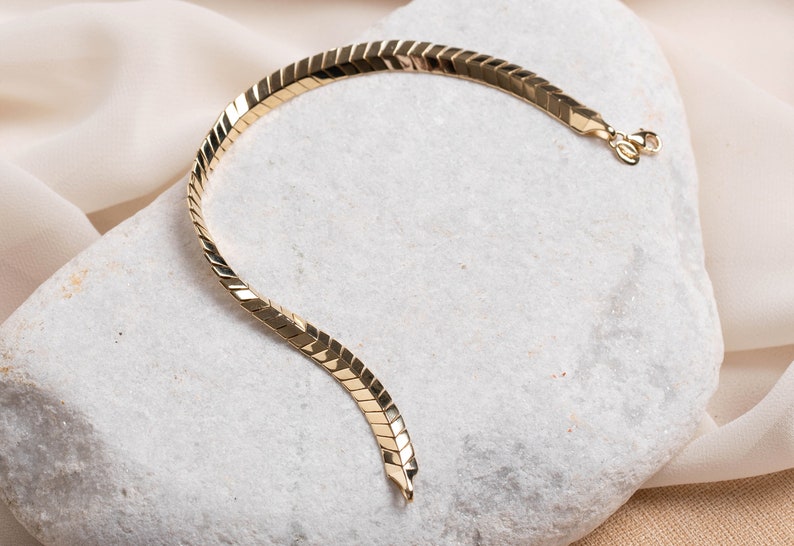 14K Solid Gold Snake Chain Bracelet Herringbone Bracelet Etsy