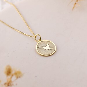 14k Gold Dove with Olive Branch Necklace, Personalized Dove with Olive Branch Pendant, Dove Necklace, Bird Charm Necklace, Best Friend Gift image 3