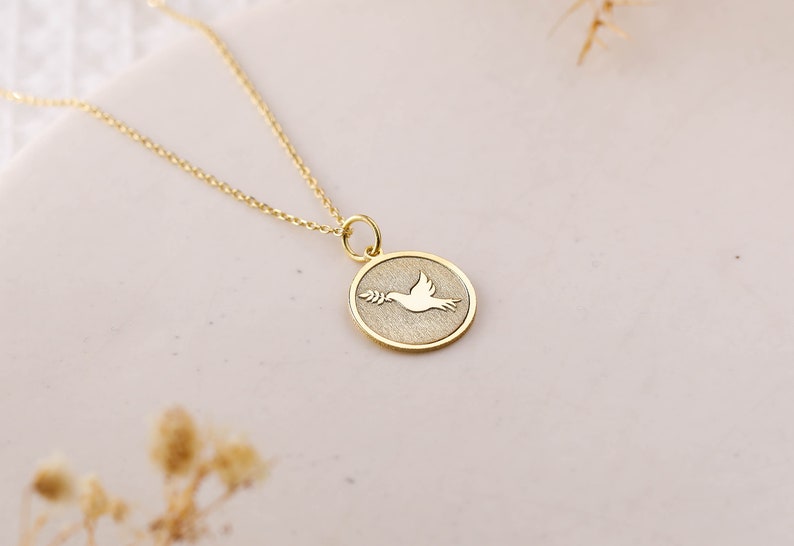 14k Gold Dove with Olive Branch Necklace, Personalized Dove with Olive Branch Pendant, Dove Necklace, Bird Charm Necklace, Best Friend Gift image 3