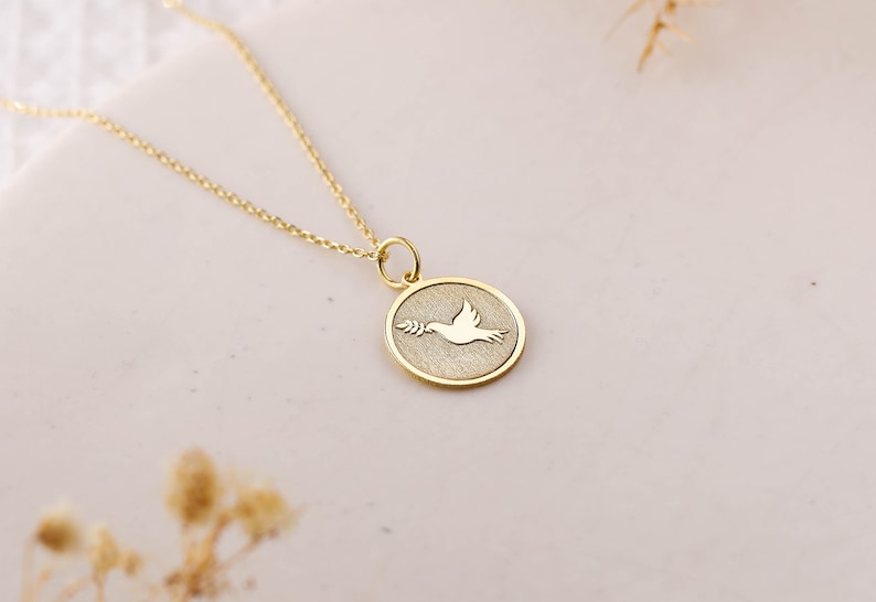 14k Gold Dove With Olive Branch Necklace, Personalized Dove With Olive ...