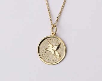 Collar de unicornio de oro de 14 k, colgante personalizado de unicornio trepador, collar de unicornio con estrellas, joyería de unicornio de oro, collar de regalo para hija