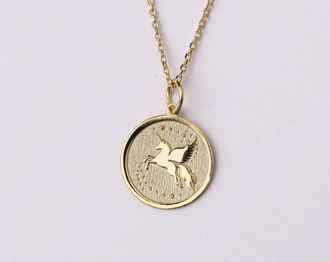 14k Gold Unicorn Necklace, Personalized Climbing Unicorn Pendant, Unicorn with Stars Necklace, Unicorn Jewelry Gold, Daughter Gift Necklace