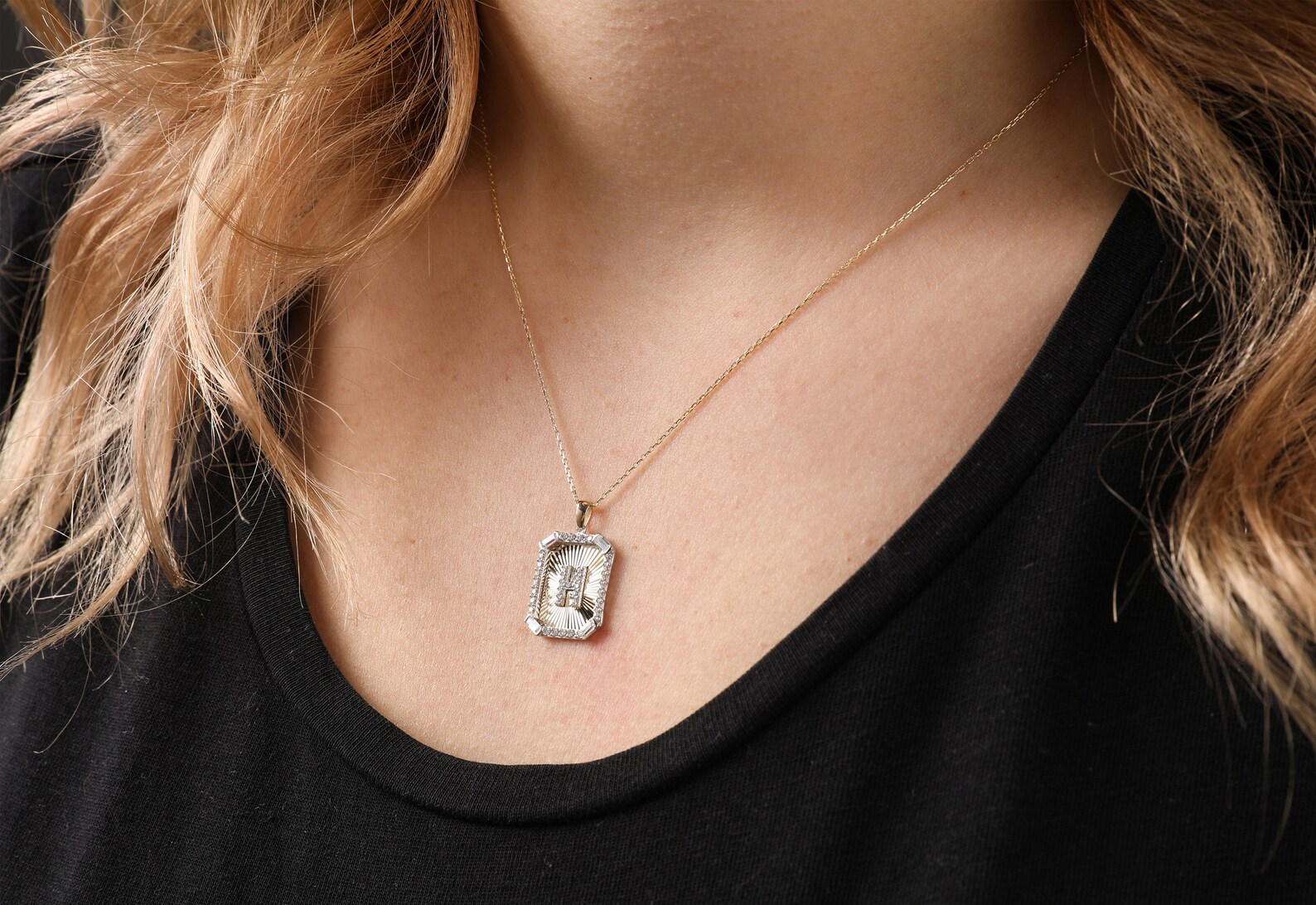 14K Gold Rectangle Letter Necklace Personalized CZ Necklace Etsy