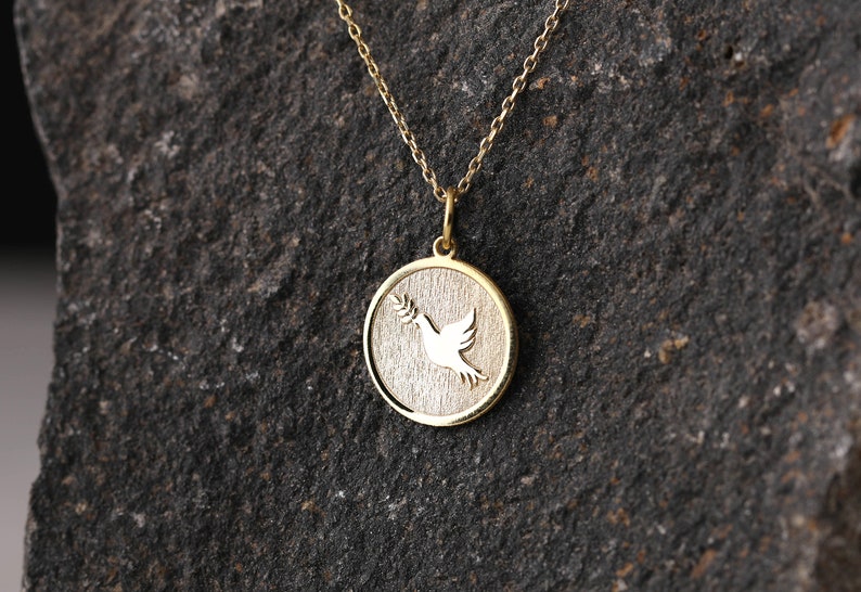 14k Gold Dove with Olive Branch Necklace, Personalized Dove with Olive Branch Pendant, Dove Necklace, Bird Charm Necklace, Best Friend Gift image 2
