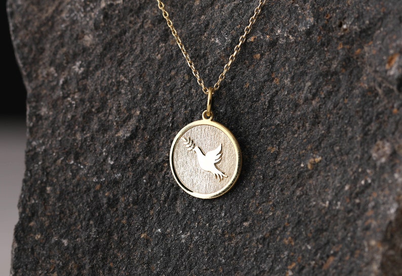 14k Gold Dove With Olive Branch Necklace, Personalized Dove With Olive ...
