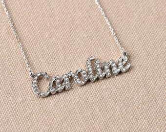 Collana con nome in oro, collana in zirconia cubica, collana in oro 14 carati, collana Cz in oro massiccio 14 carati, regalo personalizzato, collana con nome corsivo - Italia
