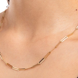 14K Gold Oval Rectangle Chain Necklace, Paperclip Gold Necklace, Long Link Necklace, Gift For Her, Tiny Link Chain Necklace, Chain for Men