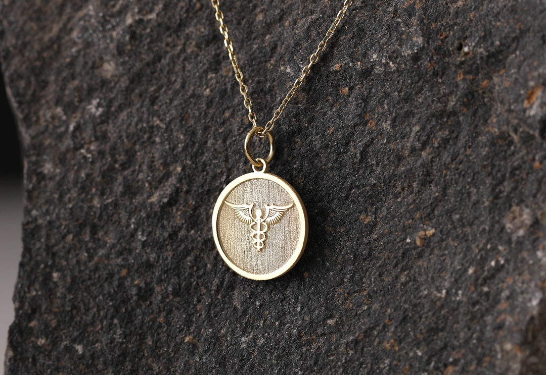 14k Gold Caduceus Symbol Necklace, Personalized Medical ID Pendant