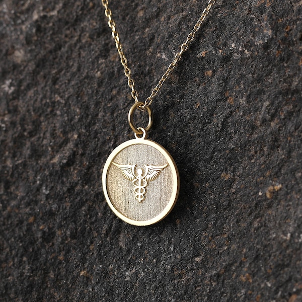 14k Gold Caduceus Symbol Necklace, Personalized Medical ID Pendant, Medical Symbol Necklace, Medical Alert Pendant, Symbol Medicine Necklace