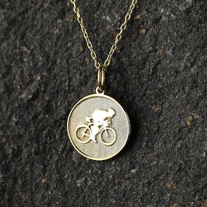 14k Gold Bicyclist Necklace, Personalized Bicyclist Pendant, Bicycle Jewelry, Sports Player Gift, Cyclist Fitness Charm Necklace, Coach Gift
