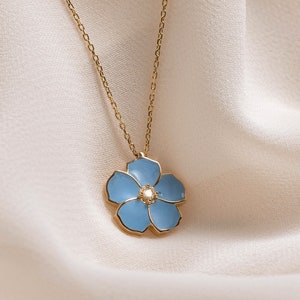 Blue Flower Necklace Gold, 14K Solid Gold Blossom Necklace, Gold Cherry Blossom Gold Necklace, Sakura Necklace Gold, Blossom Flower Necklace