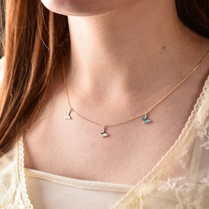 14K Gold Butterfly Charm, Gold Butterfly Necklace, Trio Butterfly Choker, White Pink Blue Butterfly, Necklace for Woman, Gold Gift for Her