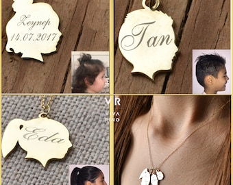 14k Solid Gold Child Face Charm Necklace, Silhouette Pendant Baby Kids Pet, Personalized Engravable Necklace, Mother's Day Gift Necklace