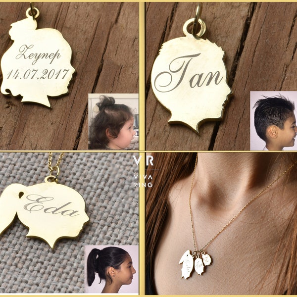 14k Solid Gold Child Face Charm Necklace, Silhouette Pendant Baby Kids Pet, Personalized Engravable Necklace, Mother's Day Gift Necklace