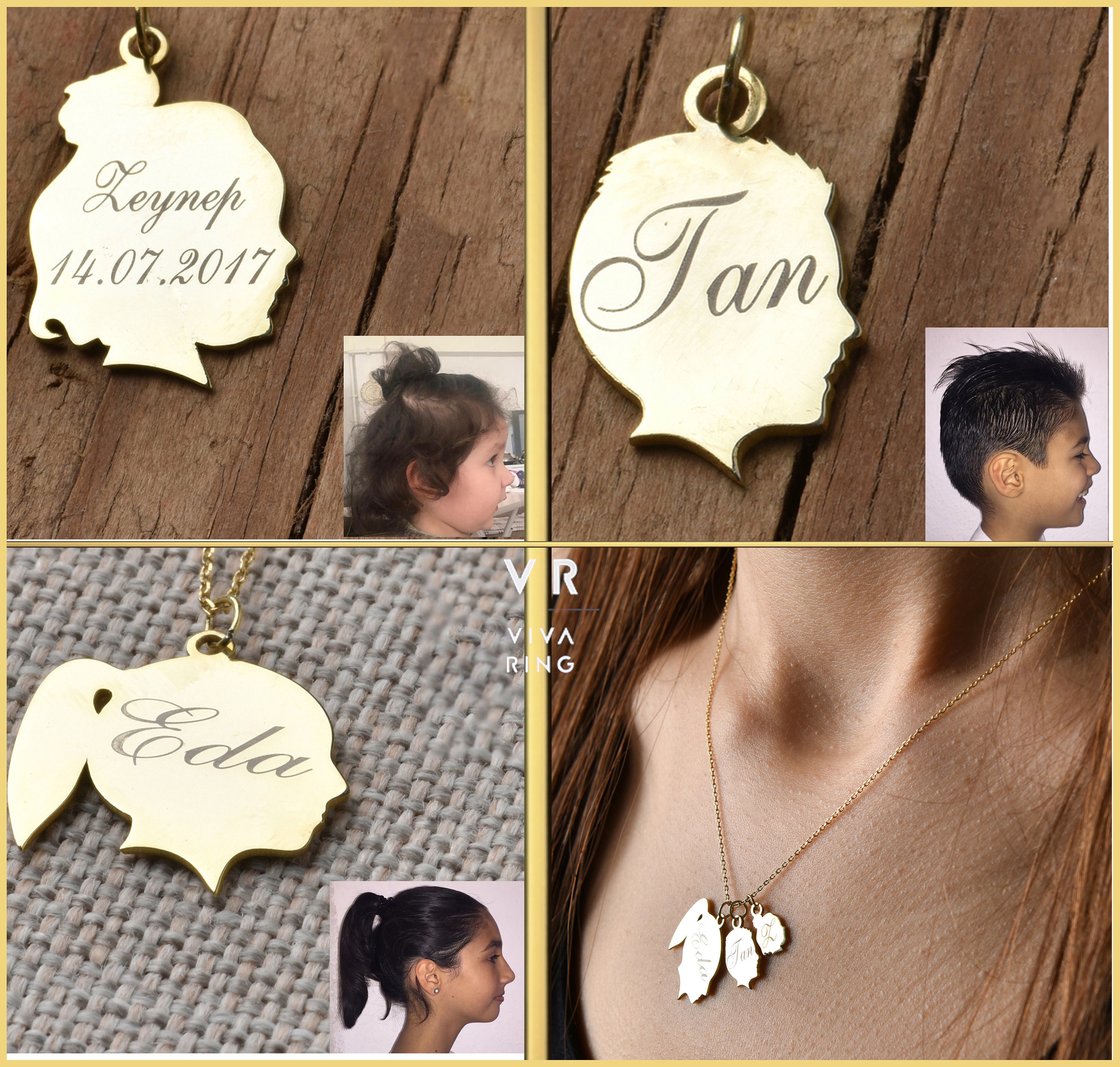 14k Solid Gold Child Face Charm Necklace, Silhouette Pendant Baby Kids Pet, Personalized Engravable Necklace, Mother's Day Gift Necklace