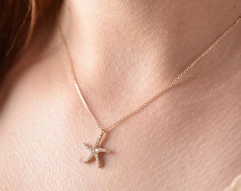 14K Gold Cubic Zirconia Starfish Necklace, Cubic Zirconia Starfish Pendant, Starfish Charm, Tiny CZ Diamond Necklace, Necklace for Woman