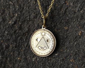 14k Gold All Seeing Eye Necklace, Personalized Pyramid Pendant, Masonic Jewelry, Eye Of Providence Pendant, Gift for Man, Occult Necklace