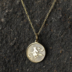 14k Gold Flying Witch Necklace, Personalized Witch with Full Moon Pendant, Wiccan Jewelry, Witch on Broom Necklace, Halloween Gift Jewelry
