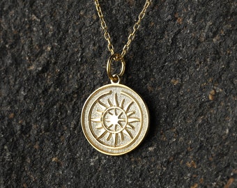 14k Gold Sun Necklace, Personalized Magic Sun Pendant, Celestial Jewelry Gift, Sunburst Necklace, Esoteric Necklace, Talisman Pendant Gold
