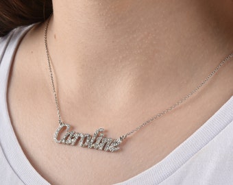 14K Gold Cubic Zirconia Necklace, Gold Name Necklace, Gold Necklace, Personalized Necklace, CZ Necklace, Gift For Her, Diamond Name Necklace