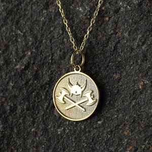 14k Gold Viking Axes and Helmet Necklace, Personalized Viking Axe Pendant, Helmet Necklace, Norse Viking Jewelry, Viking Battle Axe Necklace