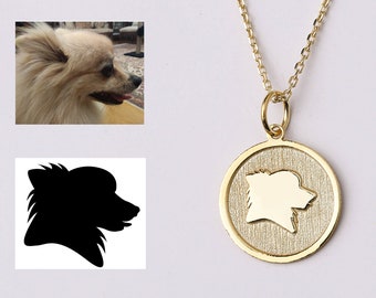 14k Gold Pet Portrait Necklace, Personalized Dog Portrait Necklace, Pet Silhouette Custom Pendant, Pet Memorial Jewelry, Gift for Pet Lover