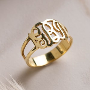 Monogram Initials Ring in 14K Gold, Personalized Monogram Gift, Trio Letter Signet Ring, Custom Statement Name Ring, Bridesmaid Gift Gold