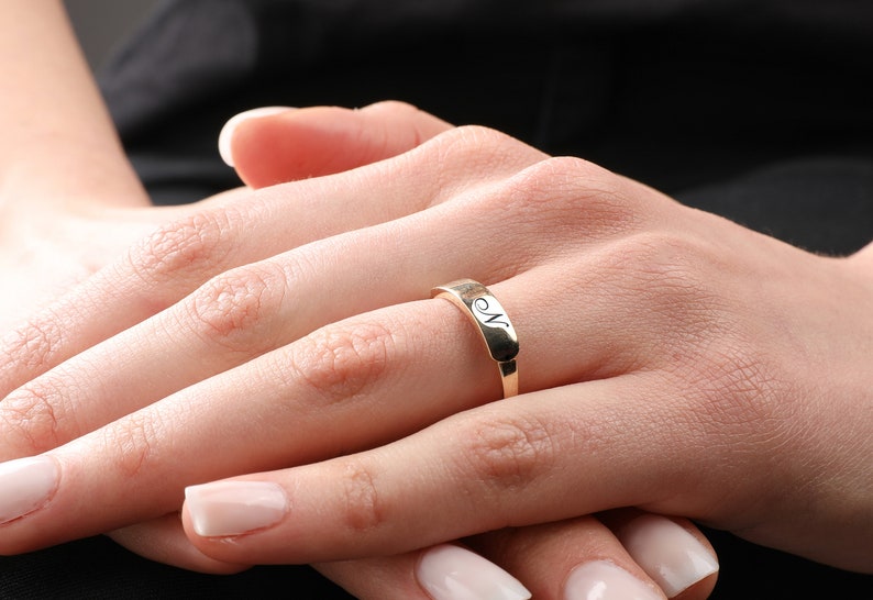 14k Gold Tiny Signet Ring, Basmala Ring, Personalize Simple Ring, Gold Name Ring, Gold Letter Ring, Gold Gift for Mom, Ring for Men, Woman image 2