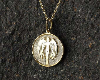 Beschermengelketting, hanger met beschermingsmedaillon, gepersonaliseerde gegraveerde engelenmunt, verguld sterlingzilver, massief 14K optie