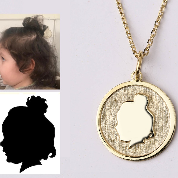 Collar con silueta de bebé o niño en oro de 14k, colgante con silueta personalizable, collar con dije de cara de niño, colgante con silueta de bebé, regalo para el Día de la Madre