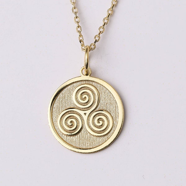 14k Gold Triskelion Necklace, Personalized Triskele Pendant, Triple Spiral Necklace, Custom Trisquelion Pendant, Triskelion Charm Gold Gift