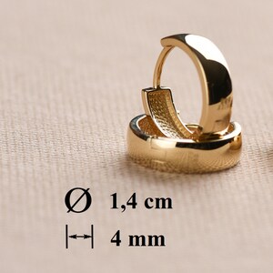 May include: Gold hoop earrings with a diameter of 1.4 cm and a width of 4 mm.
