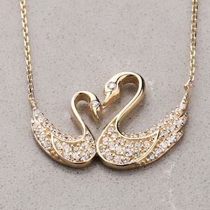 14K Gold Swan Necklace, Swan Necklace, Bird Necklace, Pair of Swans Pendant, Swan Charm 14K Gold, Zirconia Swan Necklace, Jewelry Gift Gold