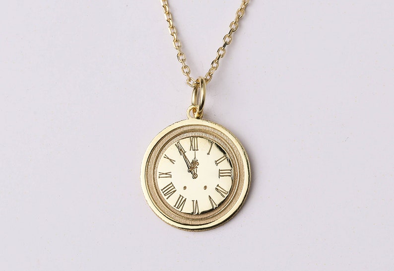 14k Gold Clock Necklace Personalized Vintage Clock Pendant Etsy