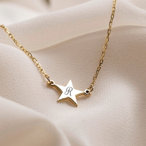 14K Gold Star Letter Necklace, Initial Necklace, Dainty Necklace, Letter Necklace, Star Necklace, Personalize Star Necklace, Bridesmaid Gift