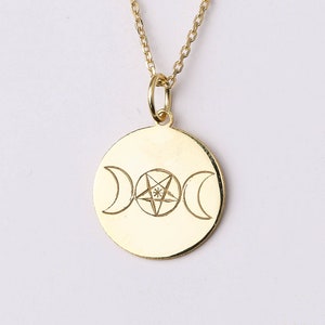 14k Gold Triple Moon Necklace, Personalized Triple Moon Pendant, Triple Moon Goddess Necklace, Wicca Pentacle Symbol, Witchcraft Icon Charm