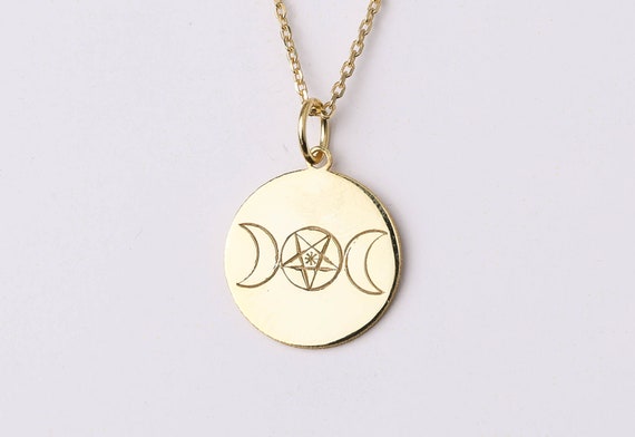 Triple Moon Necklace, Personalized Triple Moon Pendant, Goddess Gift Jewelry, Wiccan Moon Symbol Necklace, Solid 14K Gold Option