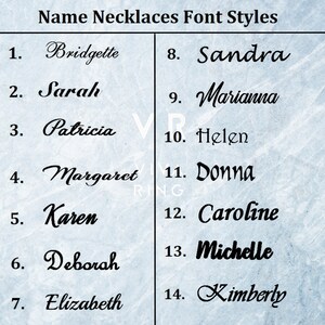 May include: A chart with 14 different font styles for names, each with a number and a name written in the font style. The names are Bridgette, Sarah, Patricia, Margaret, Karen, Deborah, Elizabeth, Sandra, Marianna, Helen, Donna, Caroline, Michelle, and Kimberly.